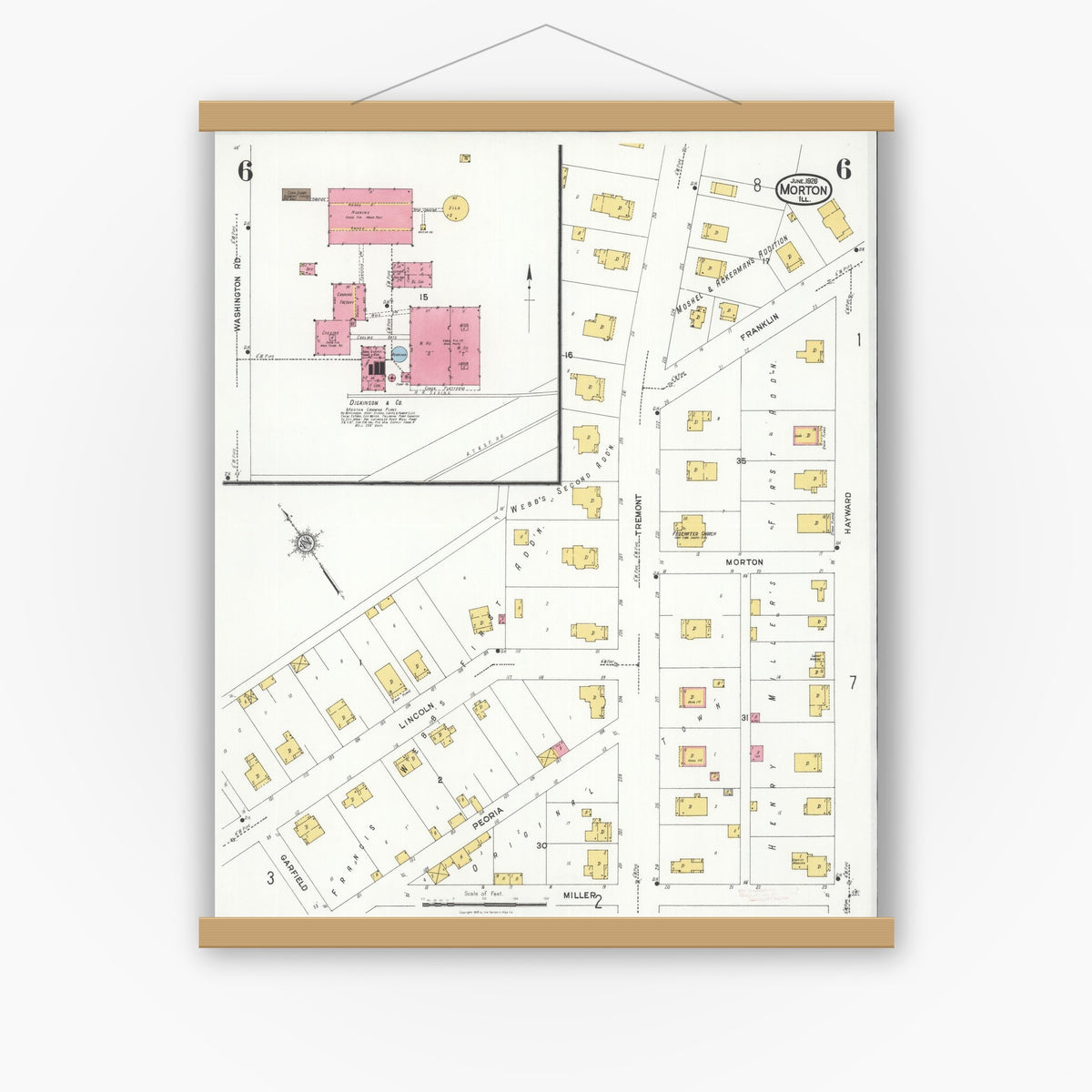 Old map wall art mockup — magnetic wood frame on white wall — Sanborn Fire Insurance Map from Morton, Tazewell County, Illinois (1926), Sheet #0006
