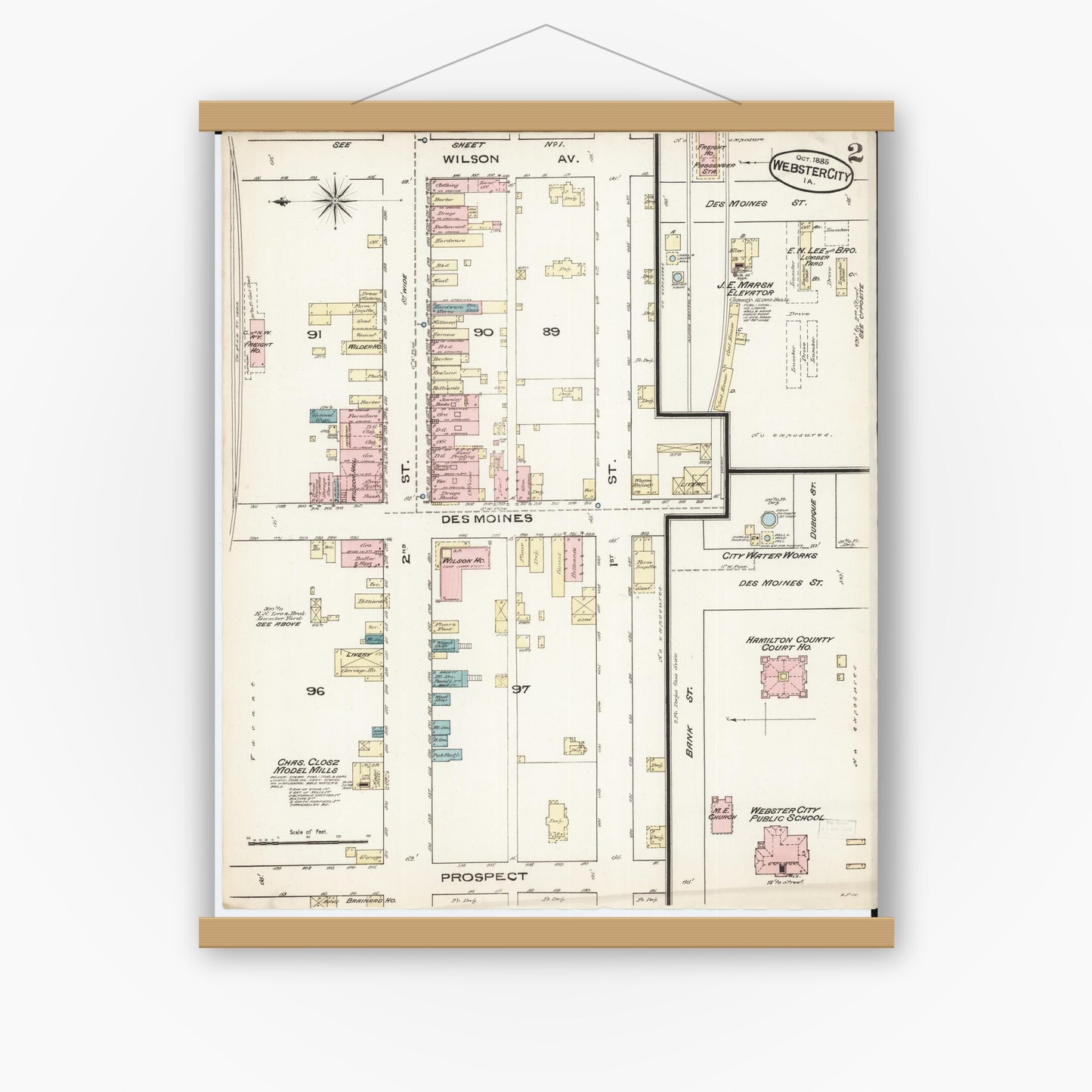Old map wall art mockup — magnetic wood frame on white wall — Sanborn Fire Insurance Map from Webster City, Hamilton County, Iowa (1885), Sheet #0002