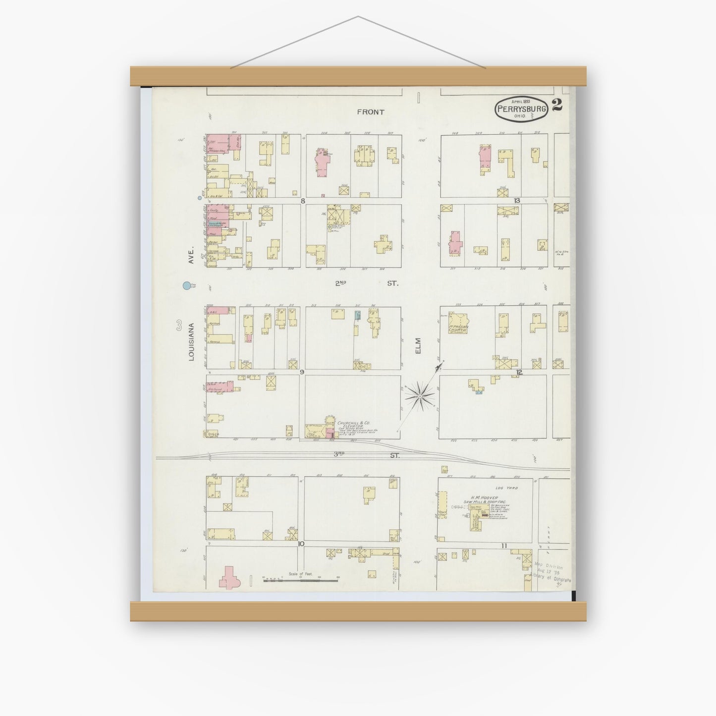 Old map wall art mockup — magnetic wood frame on white wall — Sanborn Fire Insurance Map from Perrysburg, Wood County, Ohio (1893), Sheet #0002