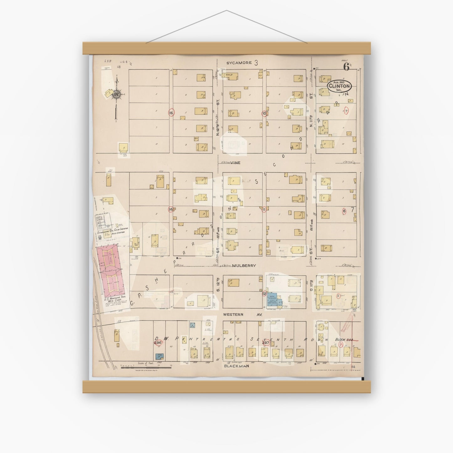 Old map wall art mockup — magnetic wood frame on white wall — Sanborn Fire Insurance Map from Clinton, Vermillion County, Indiana (1947), Sheet #0006