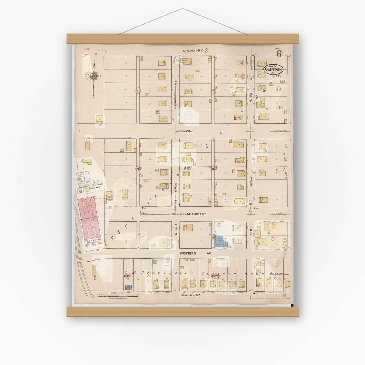 Old map wall art mockup — magnetic wood frame on white wall — Sanborn Fire Insurance Map from Clinton, Vermillion County, Indiana (1947), Sheet #0006