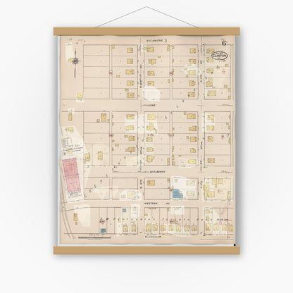Old map wall art mockup — magnetic wood frame on white wall — Sanborn Fire Insurance Map from Clinton, Vermillion County, Indiana (1947), Sheet #0006