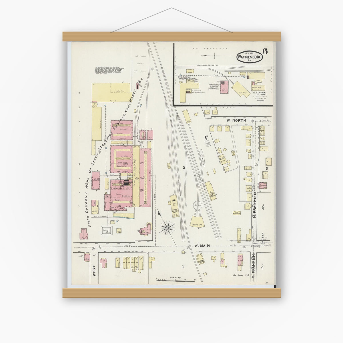 Old map wall art mockup — magnetic wood frame on white wall — Sanborn Fire Insurance Map from Waynesboro, Franklin County, Pennsylvania (1891), Sheet #0006