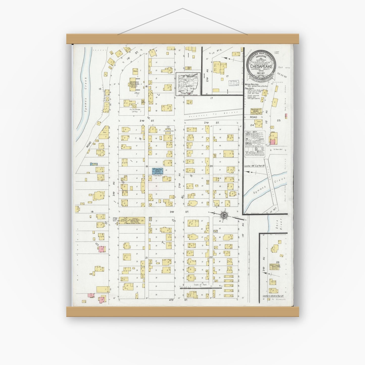 Old map wall art mockup — magnetic wood frame on white wall — Sanborn Fire Insurance Map from Chesapeake, Lawrence County, Ohio (1927), Sheet #0001