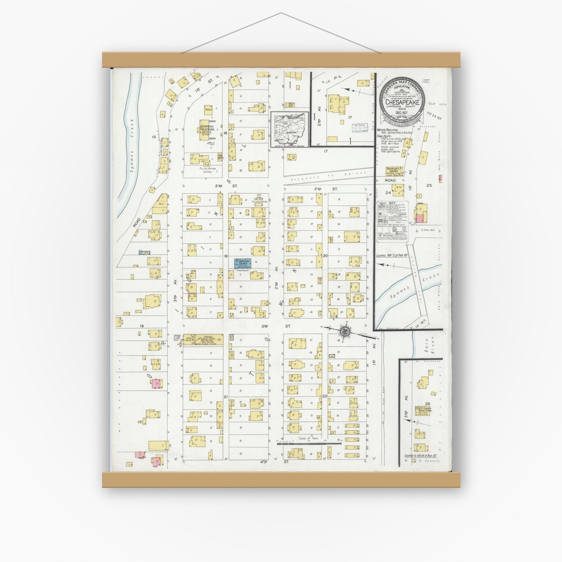 Old map wall art mockup — magnetic wood frame on white wall — Sanborn Fire Insurance Map from Chesapeake, Lawrence County, Ohio (1927), Sheet #0001