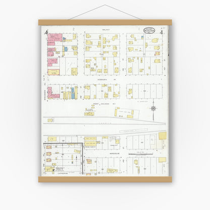 Old map wall art mockup — magnetic wood frame on white wall — Sanborn Fire Insurance Map from Muscoda, Grant County, Wisconsin (1927), Sheet #0004