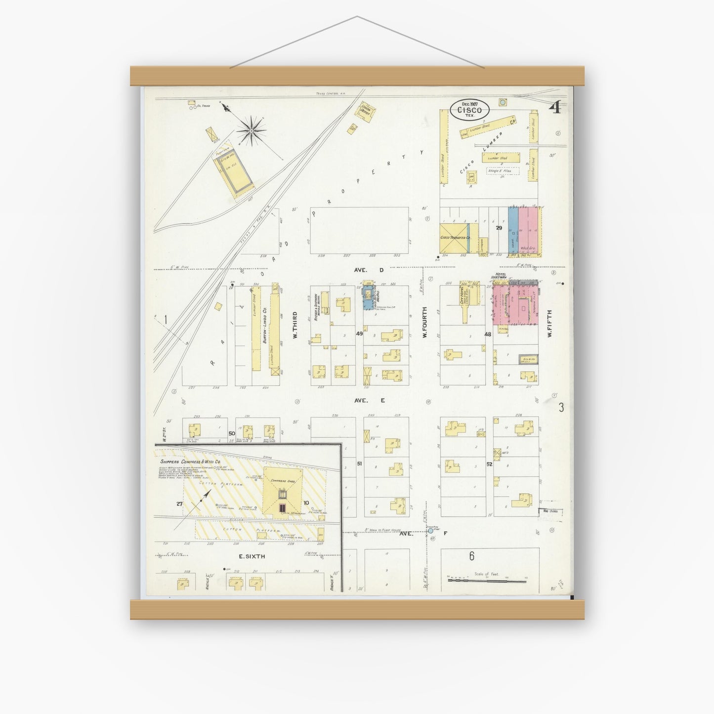 Old map wall art mockup — magnetic wood frame on white wall — Sanborn Fire Insurance Map from Cisco, Eastland County, Texas (1907), Sheet #0004