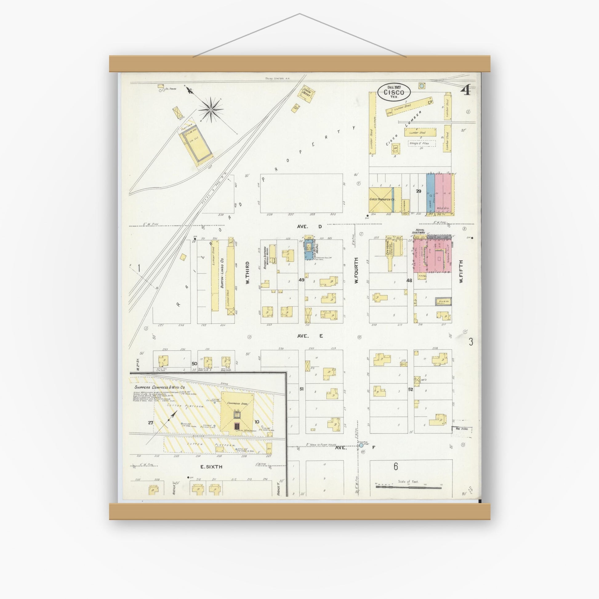 Old map wall art mockup — magnetic wood frame on white wall — Sanborn Fire Insurance Map from Cisco, Eastland County, Texas (1907), Sheet #0004