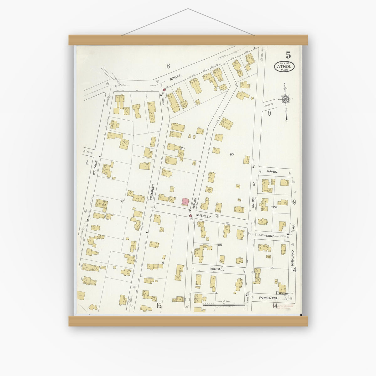 Old map wall art mockup — magnetic wood frame on white wall — Sanborn Fire Insurance Map from Athol, Worcester County, Massachusetts (1917), Sheet #0005