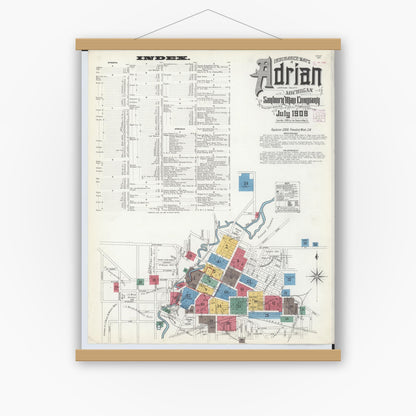 Old map wall art mockup — magnetic wood frame on white wall — Sanborn Fire Insurance Map from Adrian, Lenawee County, Michigan (1908), Sheet #0001