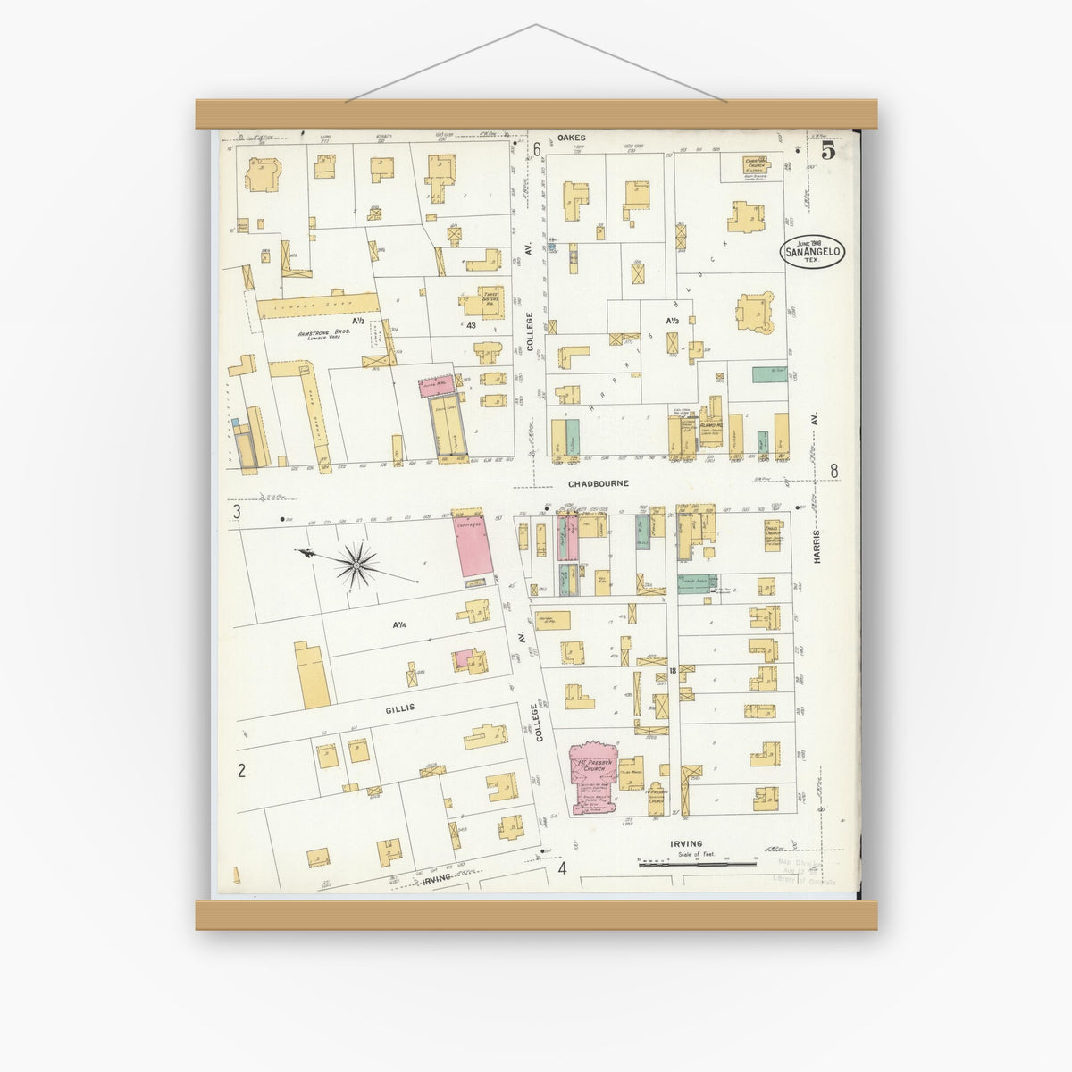Old map wall art mockup — magnetic wood frame on white wall — Sanborn Fire Insurance Map from San Angelo, Tom Green County, Texas (1908), Sheet #0005