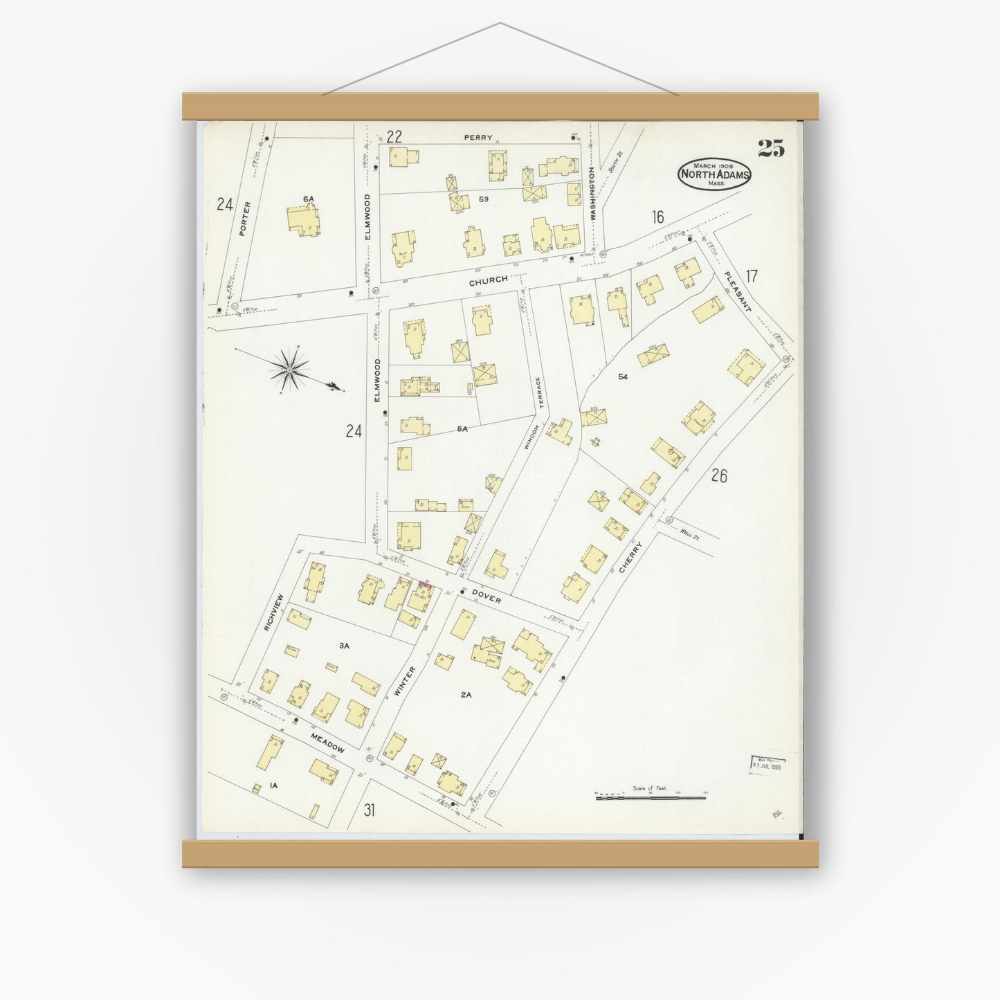 Old map wall art mockup — magnetic wood frame on white wall — Sanborn Fire Insurance Map from North Adams, Berkshire County, Massachusetts (1908), Sheet #0025