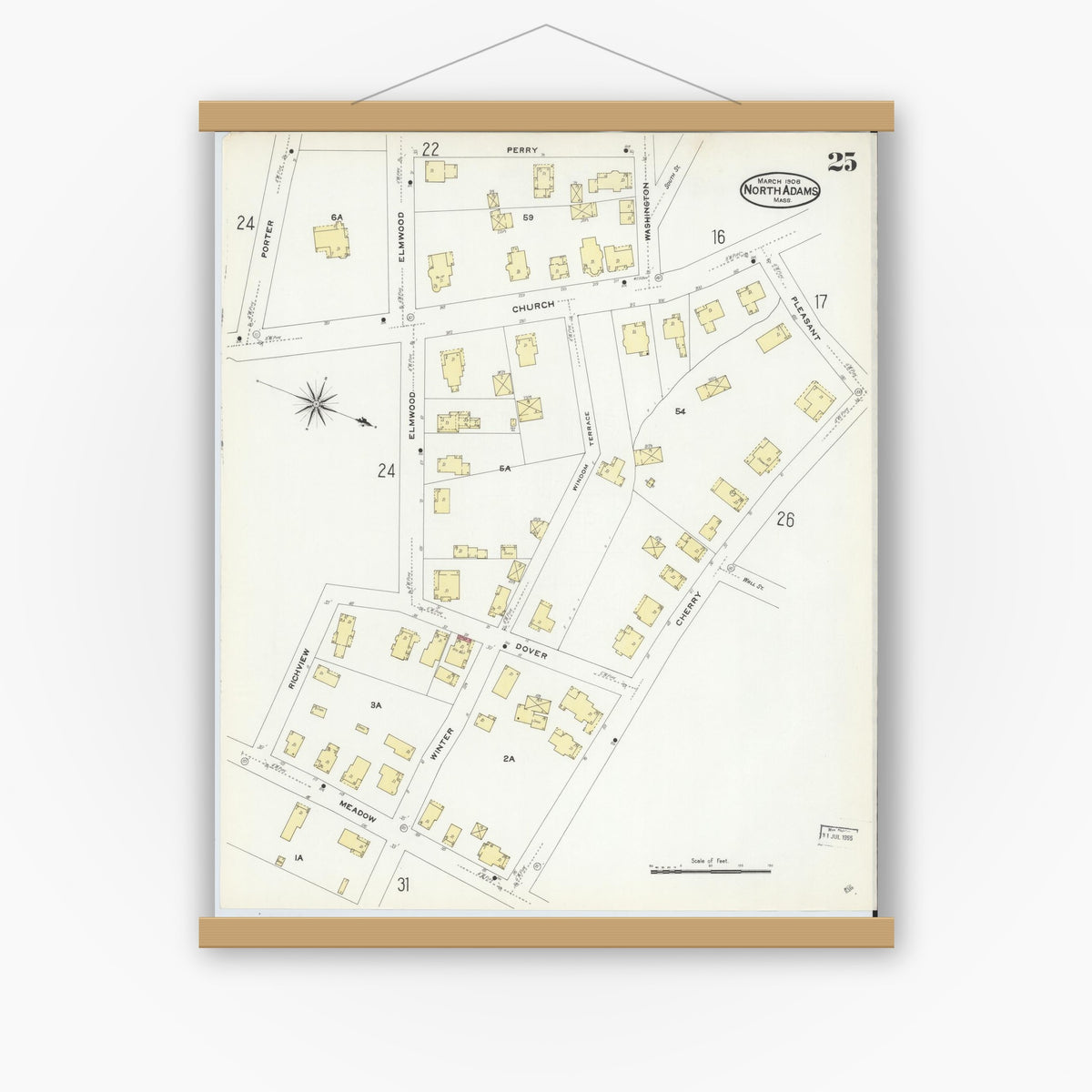 Old map wall art mockup — magnetic wood frame on white wall — Sanborn Fire Insurance Map from North Adams, Berkshire County, Massachusetts (1908), Sheet #0025
