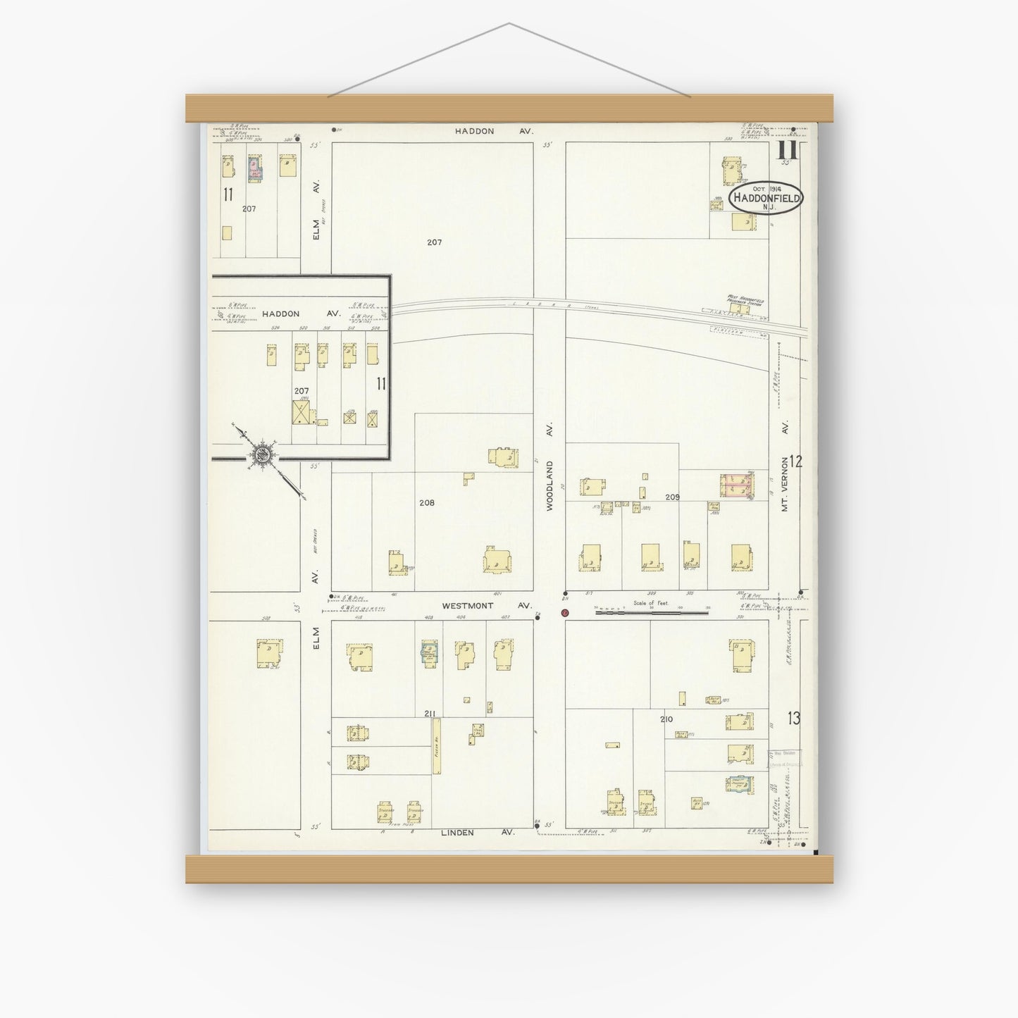 Old map wall art mockup — magnetic wood frame on white wall — Sanborn Fire Insurance Map from Haddonfield, Camden County, New Jersey (1914), Sheet #0011