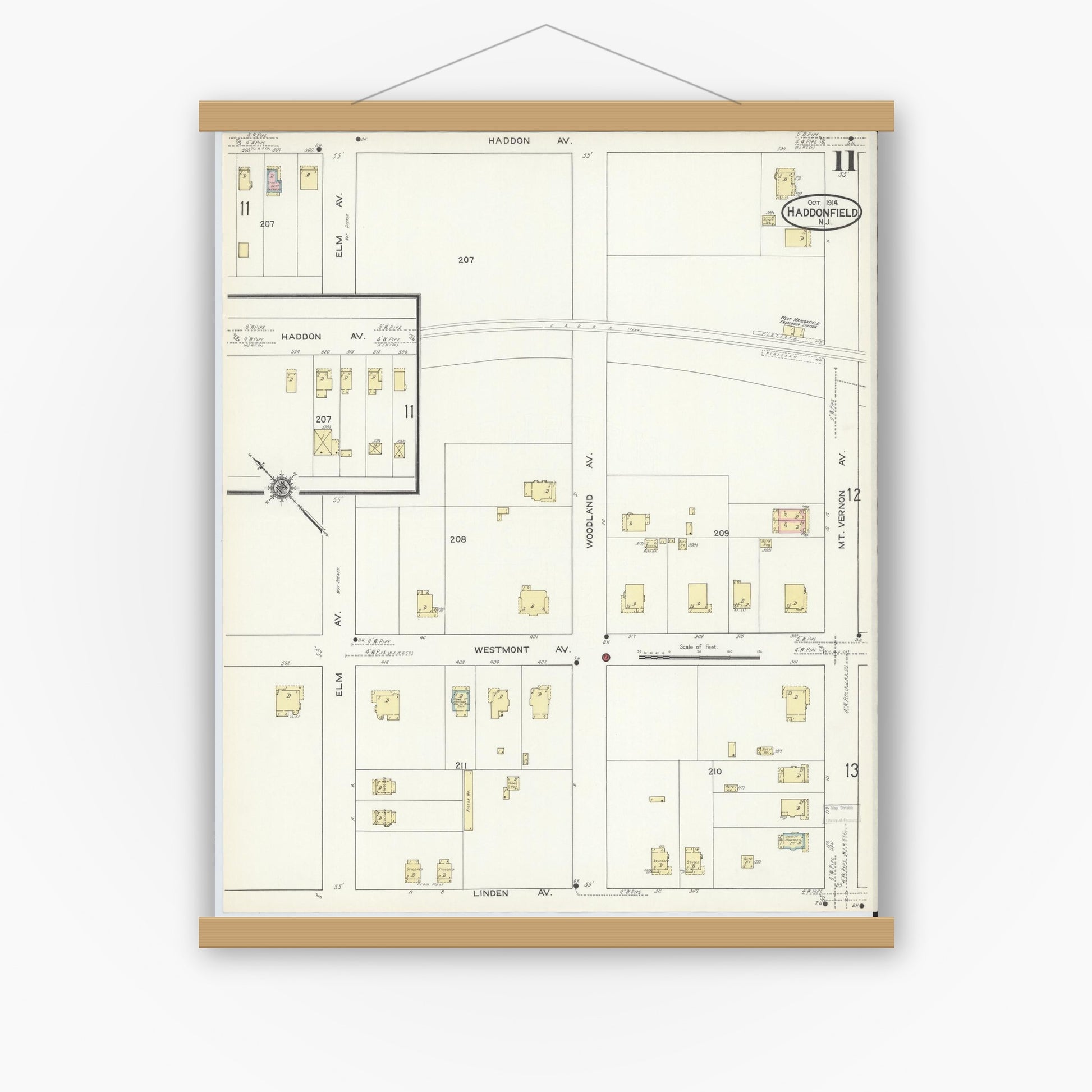 Old map wall art mockup — magnetic wood frame on white wall — Sanborn Fire Insurance Map from Haddonfield, Camden County, New Jersey (1914), Sheet #0011