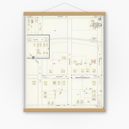 Old map wall art mockup — magnetic wood frame on white wall — Sanborn Fire Insurance Map from Haddonfield, Camden County, New Jersey (1914), Sheet #0011