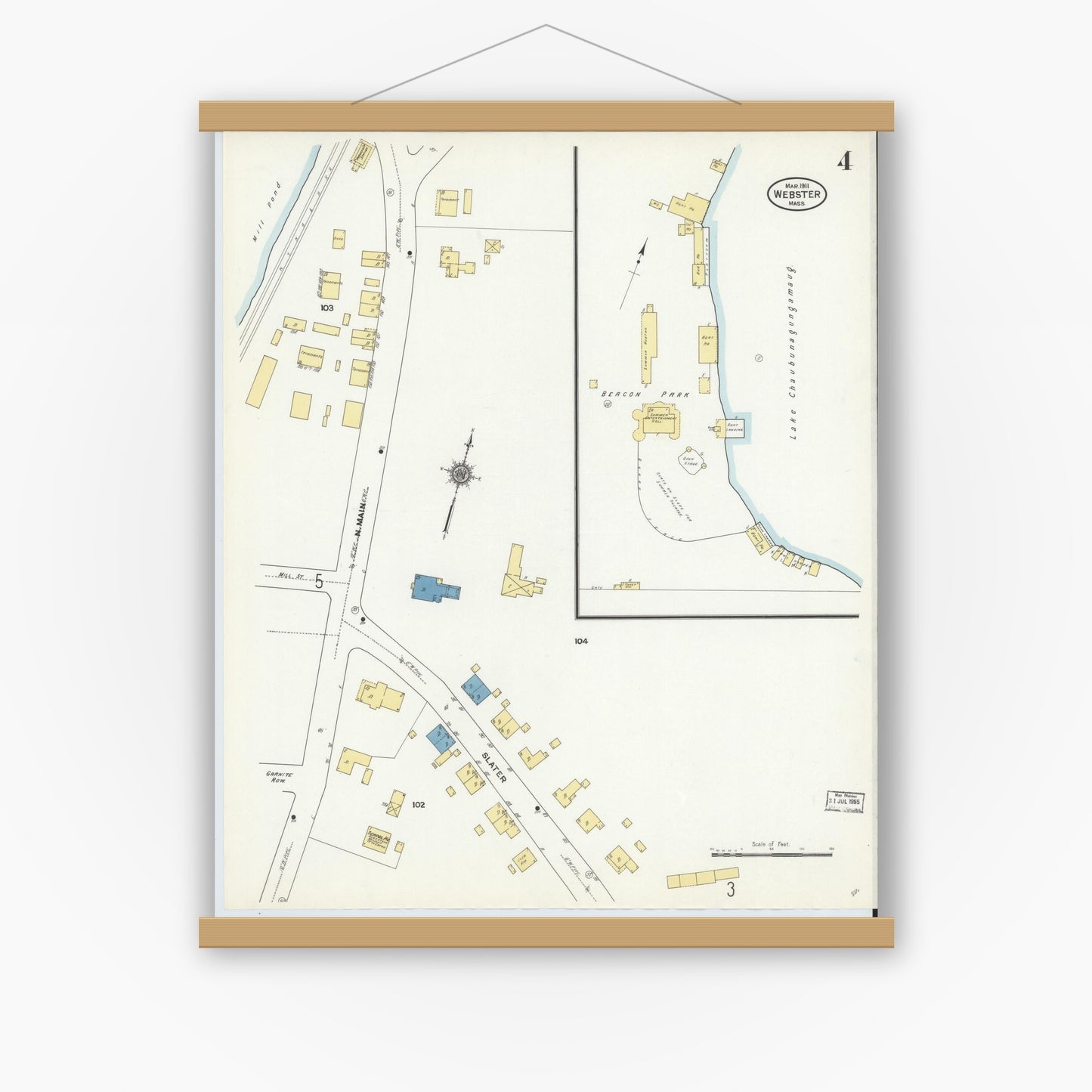 Old map wall art mockup — magnetic wood frame on white wall — Sanborn Fire Insurance Map from Webster, Worcester County, Massachusetts (1911), Sheet #0004