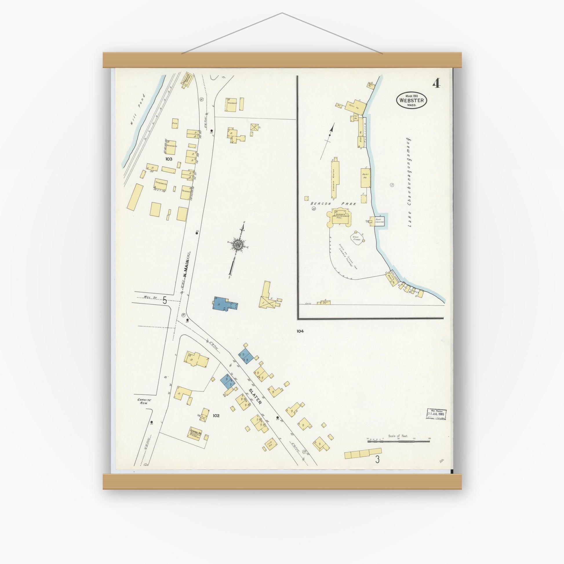 Old map wall art mockup — magnetic wood frame on white wall — Sanborn Fire Insurance Map from Webster, Worcester County, Massachusetts (1911), Sheet #0004