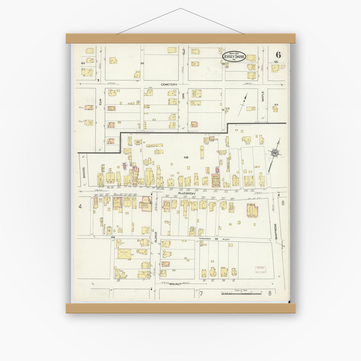 Old map wall art mockup — magnetic wood frame on white wall — Sanborn Fire Insurance Map from Jersey Shore, Lycoming County, Pennsylvania (1913), Sheet #0006