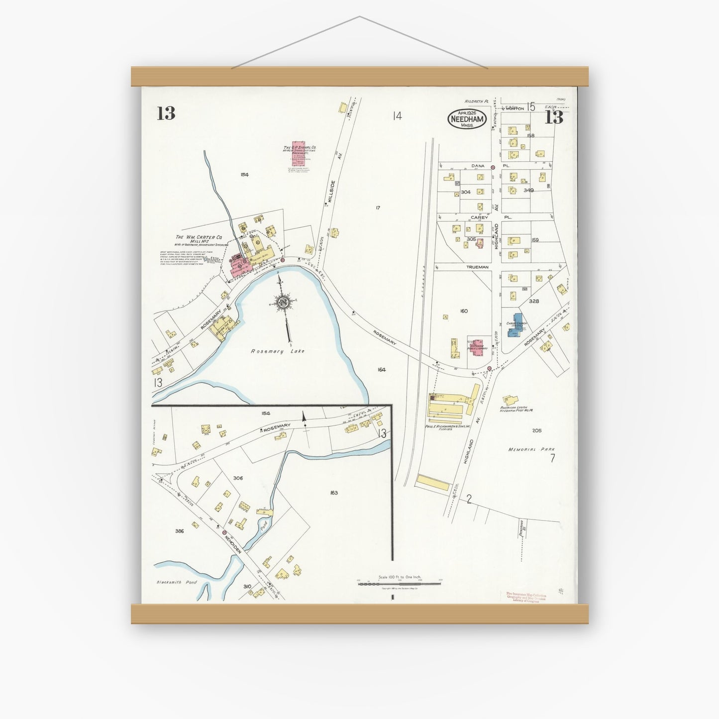 Old map wall art mockup — magnetic wood frame on white wall — Sanborn Fire Insurance Map from Needham, Norfolk County, Massachusetts (1926), Sheet #0013