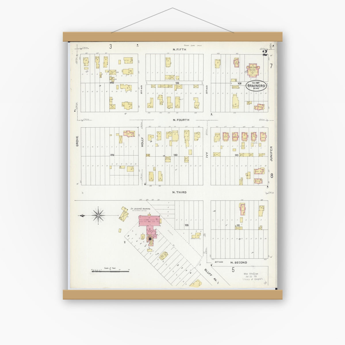 Old map wall art mockup — magnetic wood frame on white wall — Sanborn Fire Insurance Map from Brainerd, Crow Wing County, Minnesota (1907), Sheet #0002