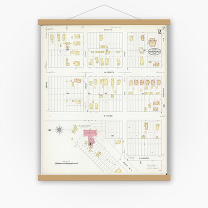 Old map wall art mockup — magnetic wood frame on white wall — Sanborn Fire Insurance Map from Brainerd, Crow Wing County, Minnesota (1907), Sheet #0002