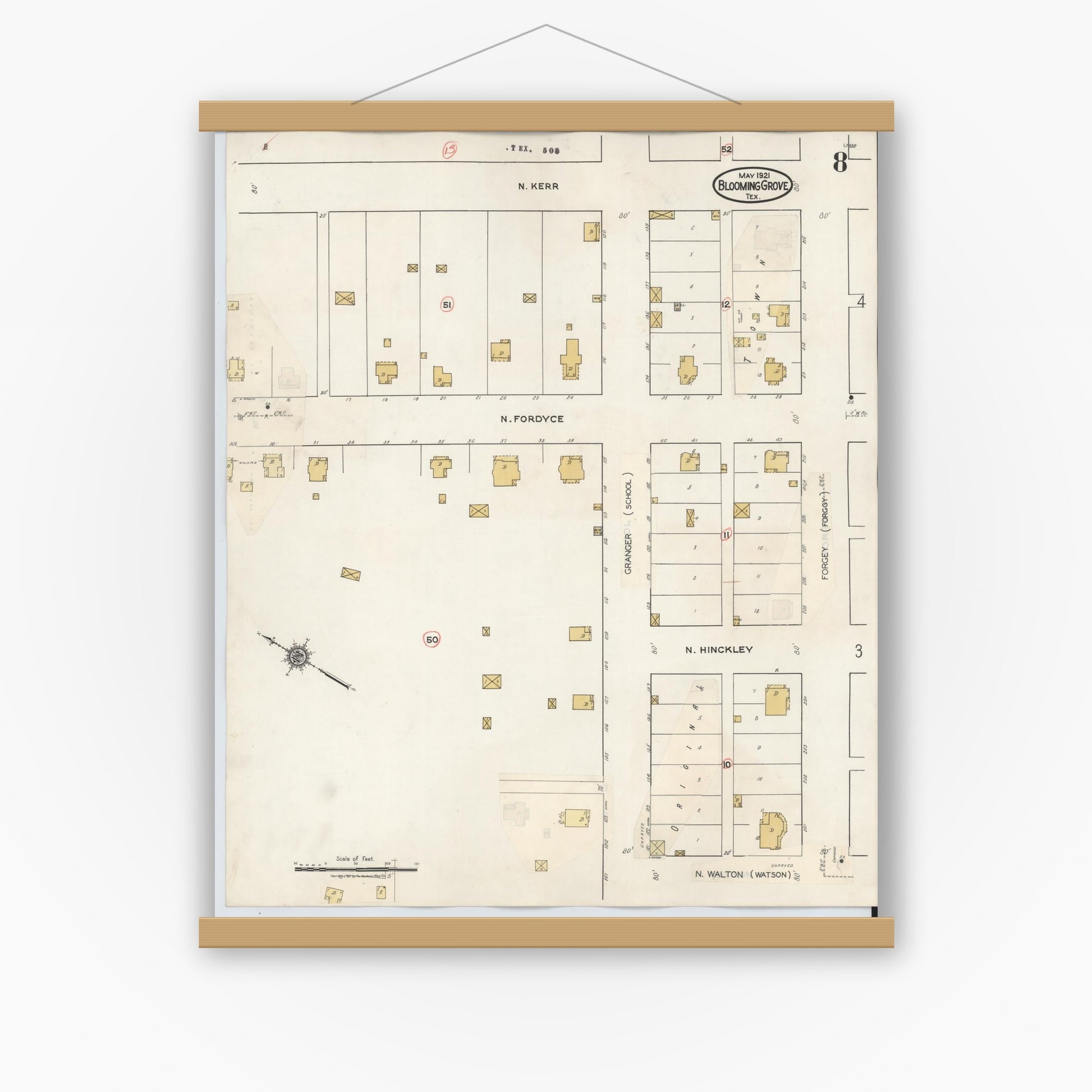 Old map wall art mockup — magnetic wood frame on white wall — Sanborn Fire Insurance Map from Blooming Grove, Navarro County, Texas (1934), Sheet #0008