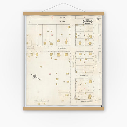 Old map wall art mockup — magnetic wood frame on white wall — Sanborn Fire Insurance Map from Blooming Grove, Navarro County, Texas (1934), Sheet #0008