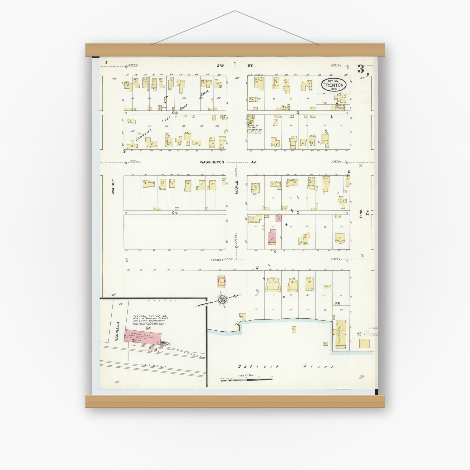 Old map wall art mockup — magnetic wood frame on white wall — Sanborn Fire Insurance Map from Trenton, Wayne County, Michigan (1912), Sheet #0003