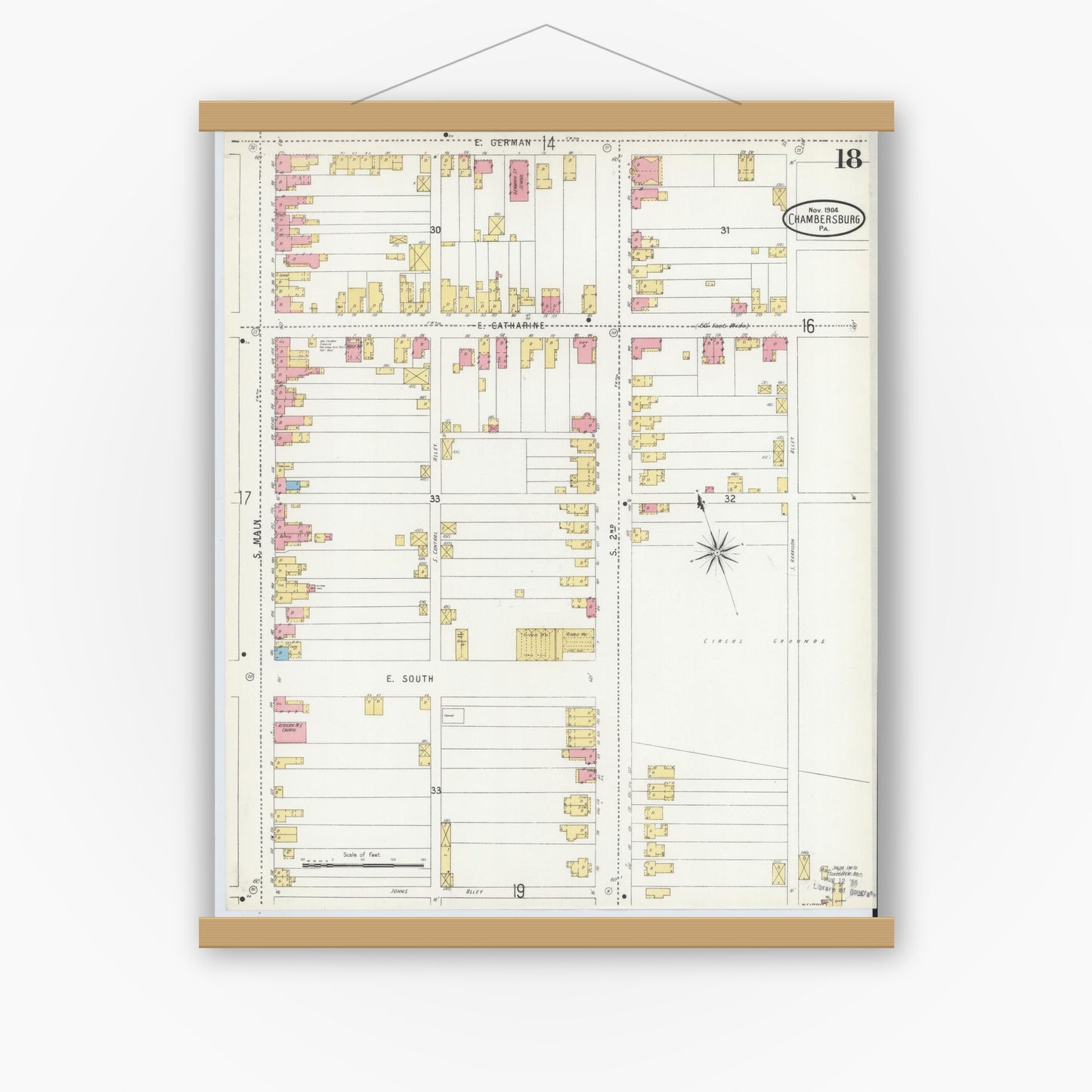 Old map wall art mockup — magnetic wood frame on white wall — Sanborn Fire Insurance Map from Chambersburg, Franklin County, Pennsylvania (1904), Sheet #0018