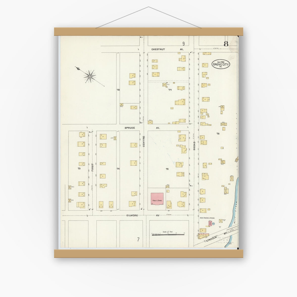 Old map wall art mockup — magnetic wood frame on white wall — Sanborn Fire Insurance Map from Grove City, Mercer County, Pennsylvania (1906), Sheet #0008