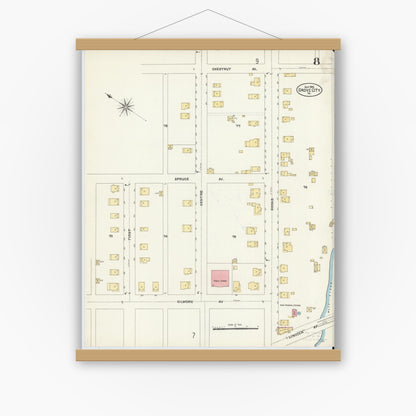 Old map wall art mockup — magnetic wood frame on white wall — Sanborn Fire Insurance Map from Grove City, Mercer County, Pennsylvania (1906), Sheet #0008