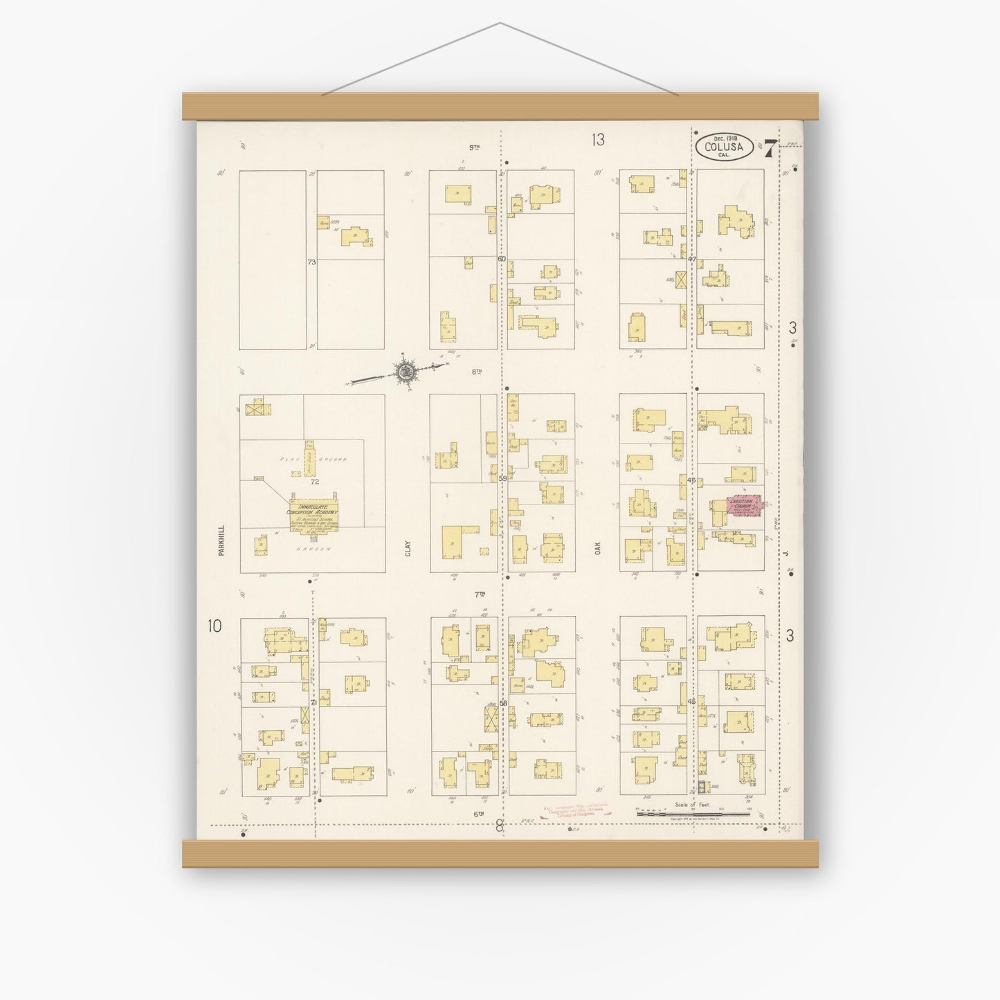 Old map wall art mockup — magnetic wood frame on white wall — Sanborn Fire Insurance Map from Colusa, Colusa County, California (1918), Sheet #0007