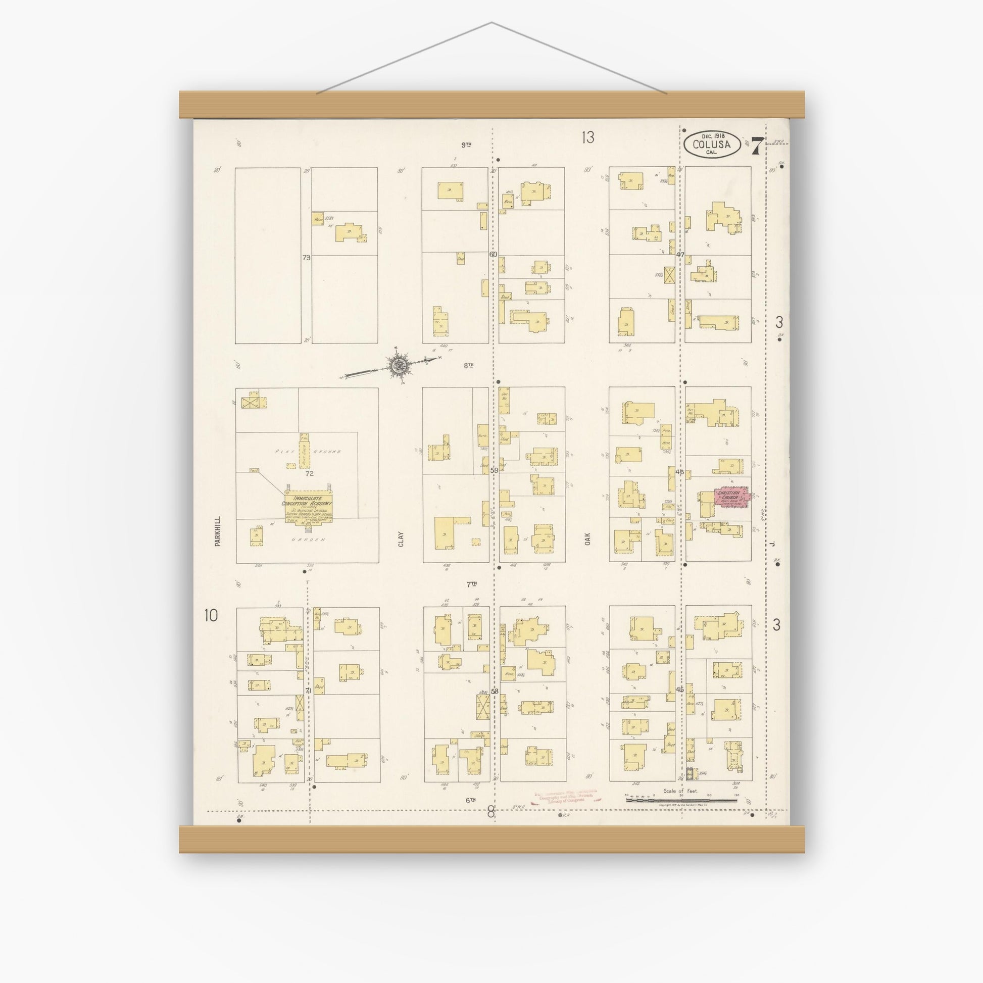 Old map wall art mockup — magnetic wood frame on white wall — Sanborn Fire Insurance Map from Colusa, Colusa County, California (1918), Sheet #0007