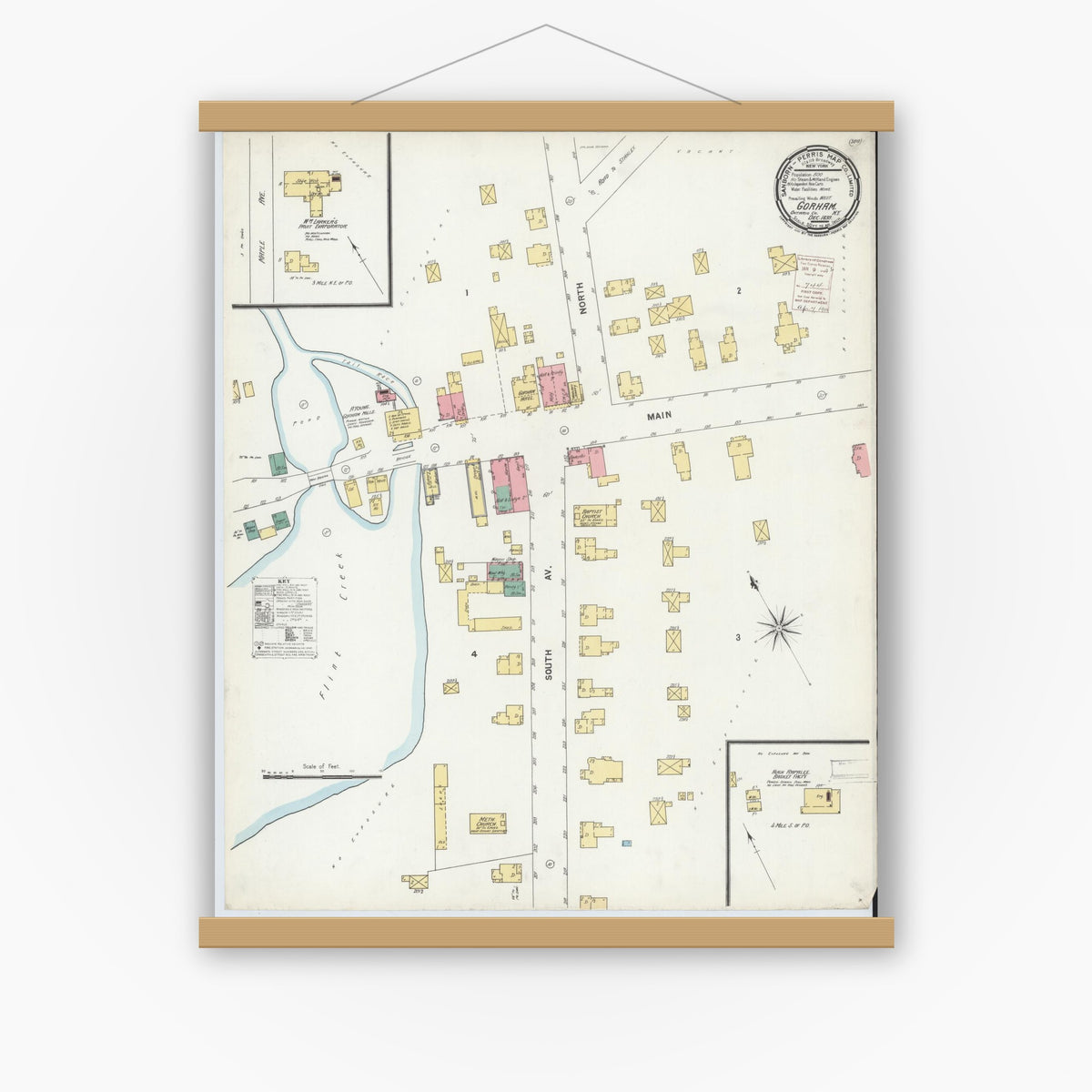 Old map wall art mockup — magnetic wood frame on white wall — Sanborn Fire Insurance Map from Gorham, Ontario County, New York (1899), Sheet #0001