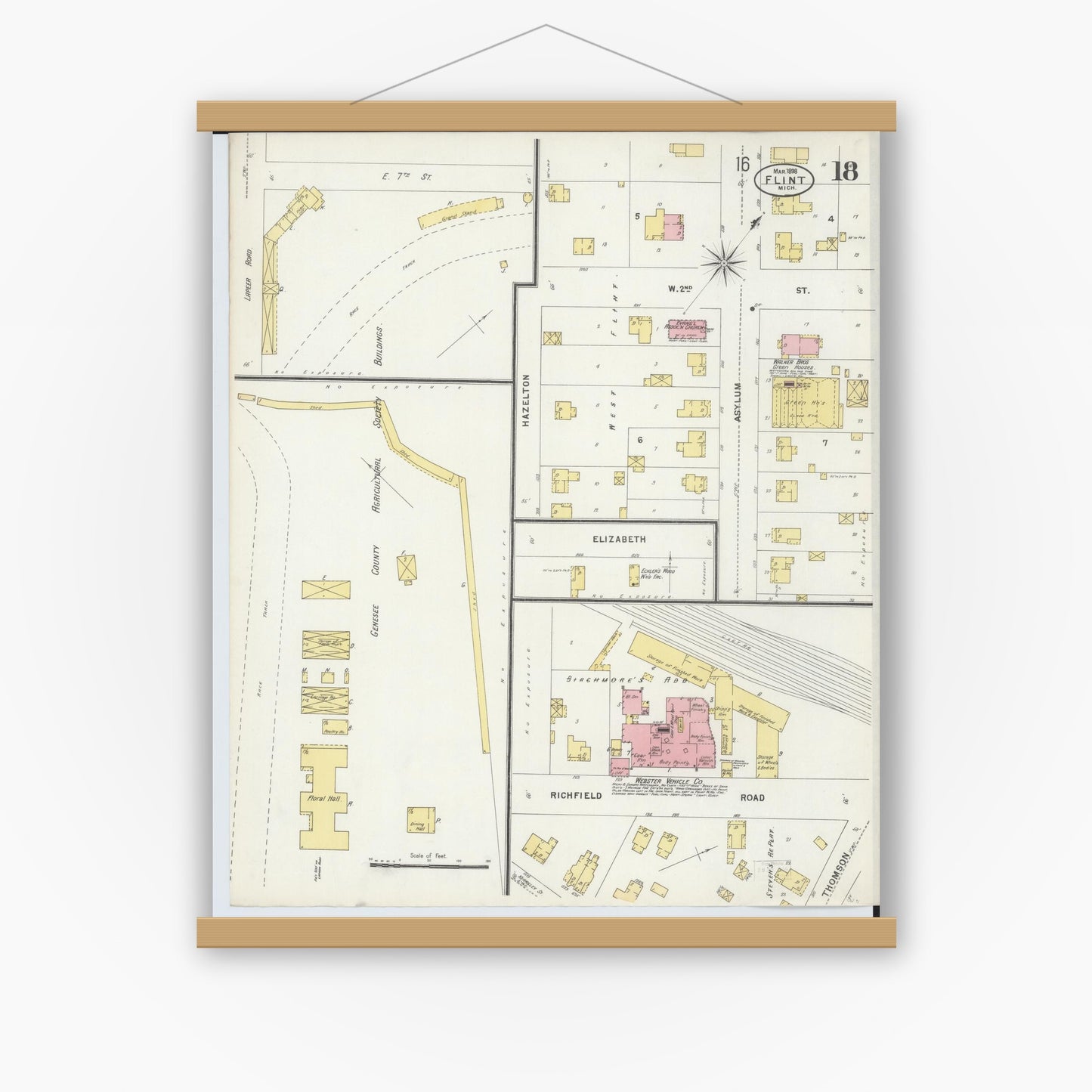 Old map wall art mockup — magnetic wood frame on white wall — Sanborn Fire Insurance Map from Flint, Genesee County, Michigan (1898), Sheet #0018