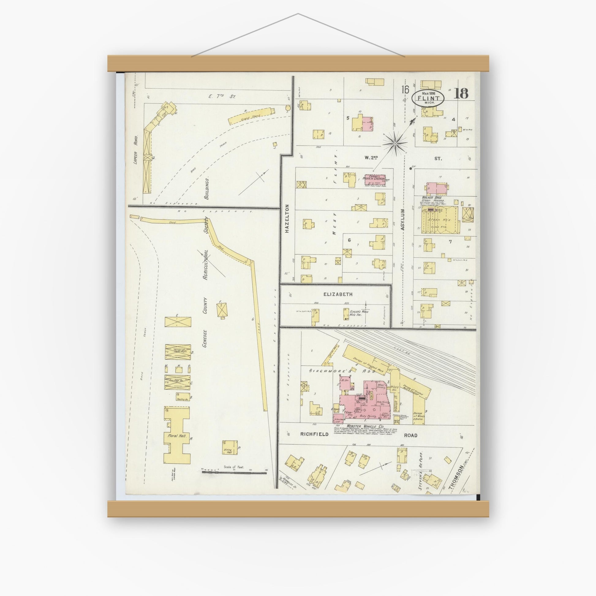 Old map wall art mockup — magnetic wood frame on white wall — Sanborn Fire Insurance Map from Flint, Genesee County, Michigan (1898), Sheet #0018