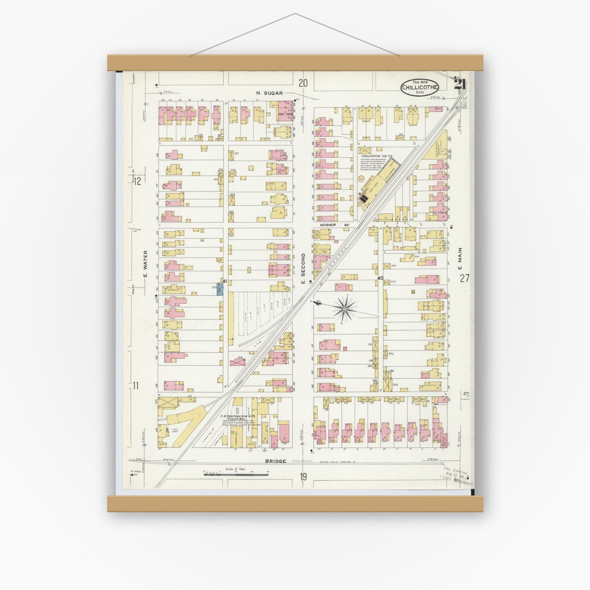 Old map wall art mockup — magnetic wood frame on white wall — Sanborn Fire Insurance Map from Chillicothe, Ross County, Ohio (1909), Sheet #0021
