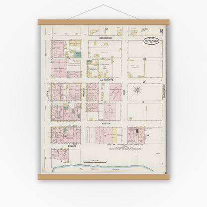 Old map wall art mockup — magnetic wood frame on white wall — Sanborn Fire Insurance Map from Jefferson, Marion County, Texas (1890), Sheet #0002