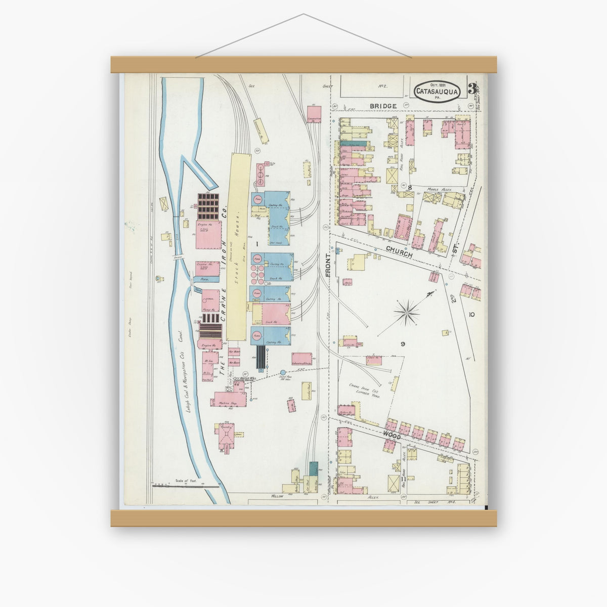 Old map wall art mockup — magnetic wood frame on white wall — Sanborn Fire Insurance Map from Catasauqua, Lehigh County, Pennsylvania (1891), Sheet #0003