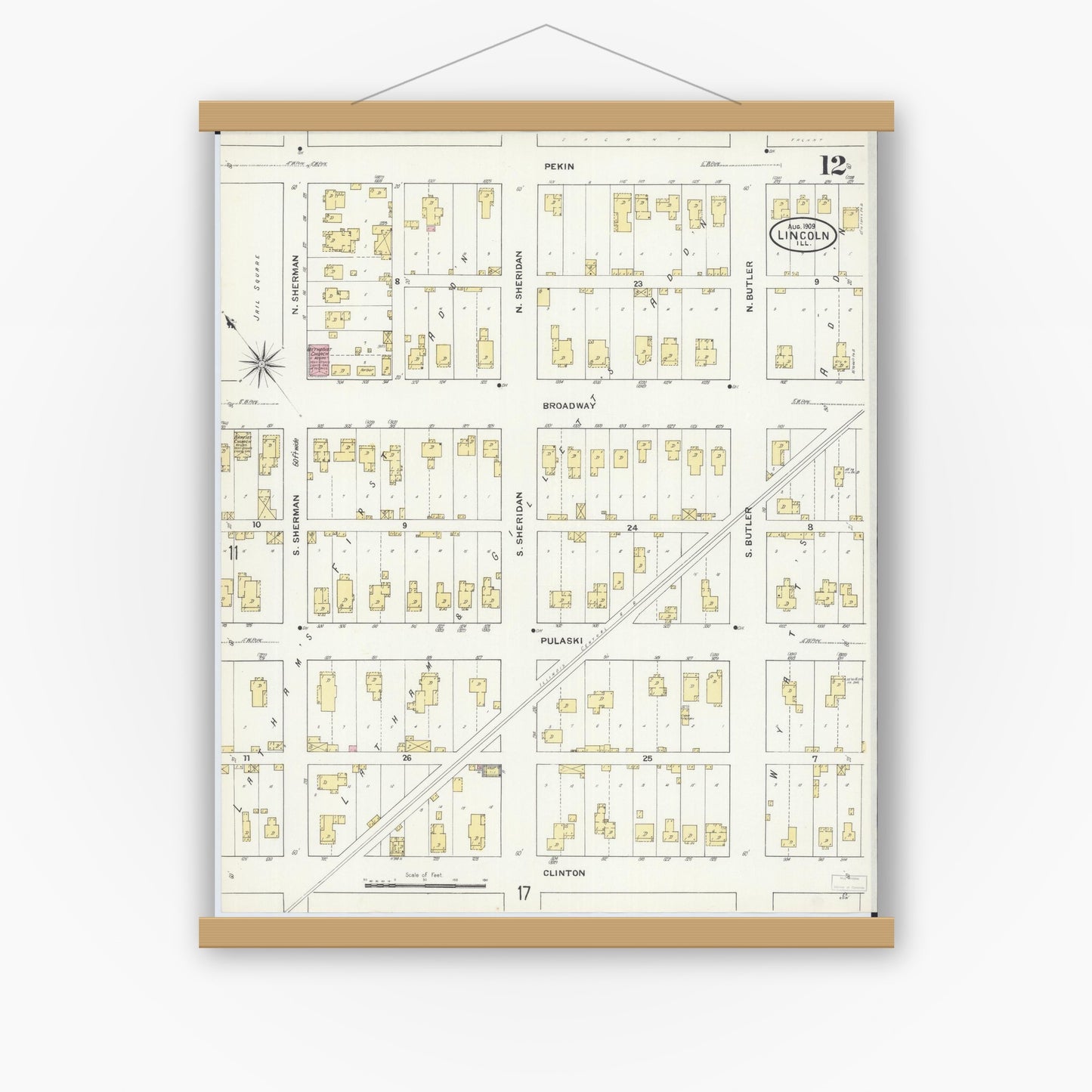 Old map wall art mockup — magnetic wood frame on white wall — Sanborn Fire Insurance Map from Lincoln, Logan County, Illinois (1909), Sheet #0012