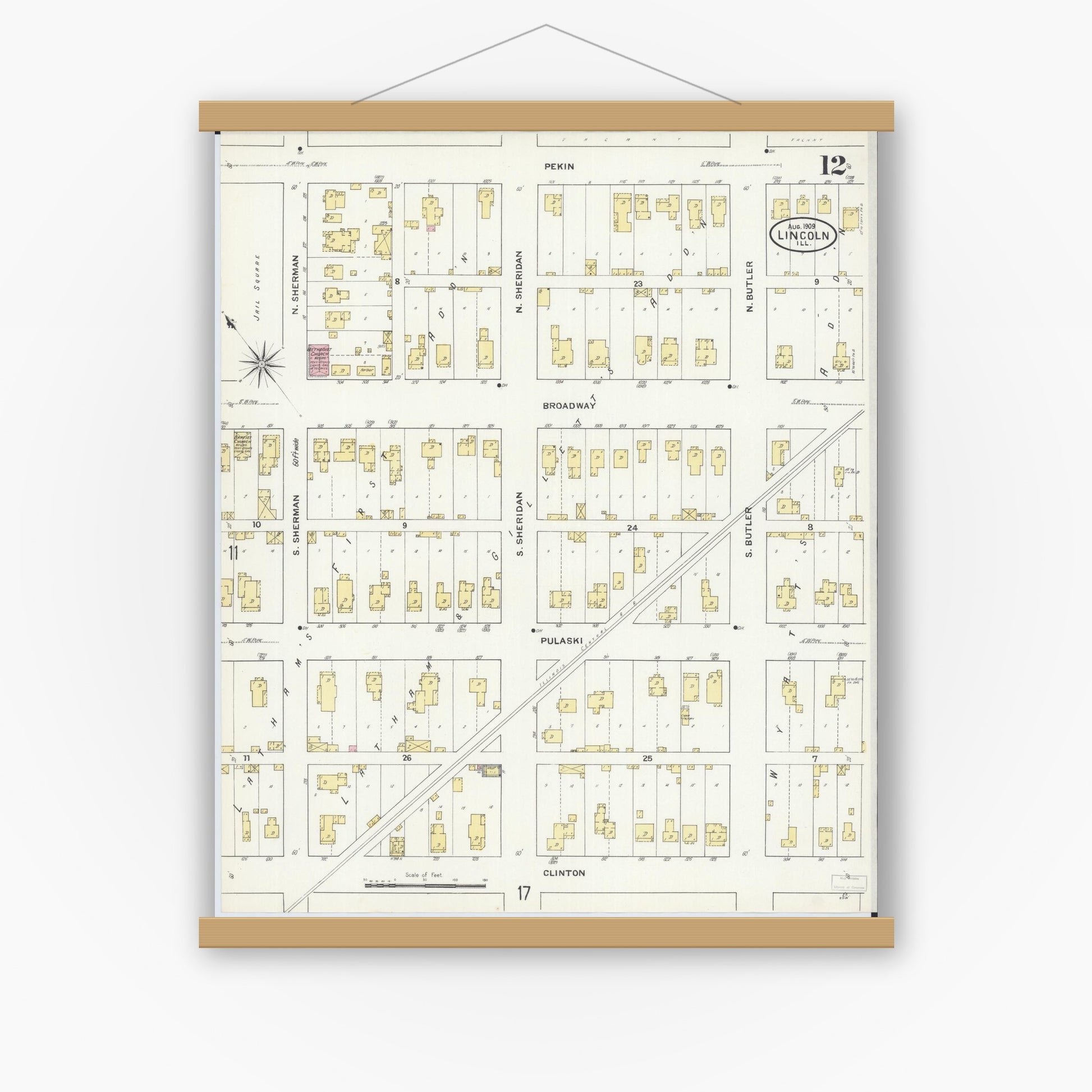 Old map wall art mockup — magnetic wood frame on white wall — Sanborn Fire Insurance Map from Lincoln, Logan County, Illinois (1909), Sheet #0012