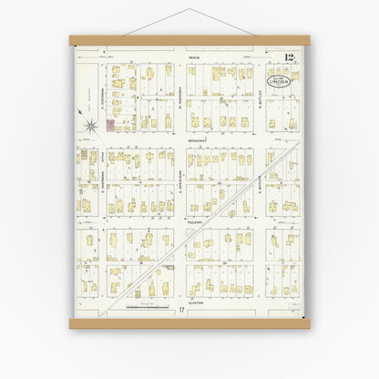 Old map wall art mockup — magnetic wood frame on white wall — Sanborn Fire Insurance Map from Lincoln, Logan County, Illinois (1909), Sheet #0012