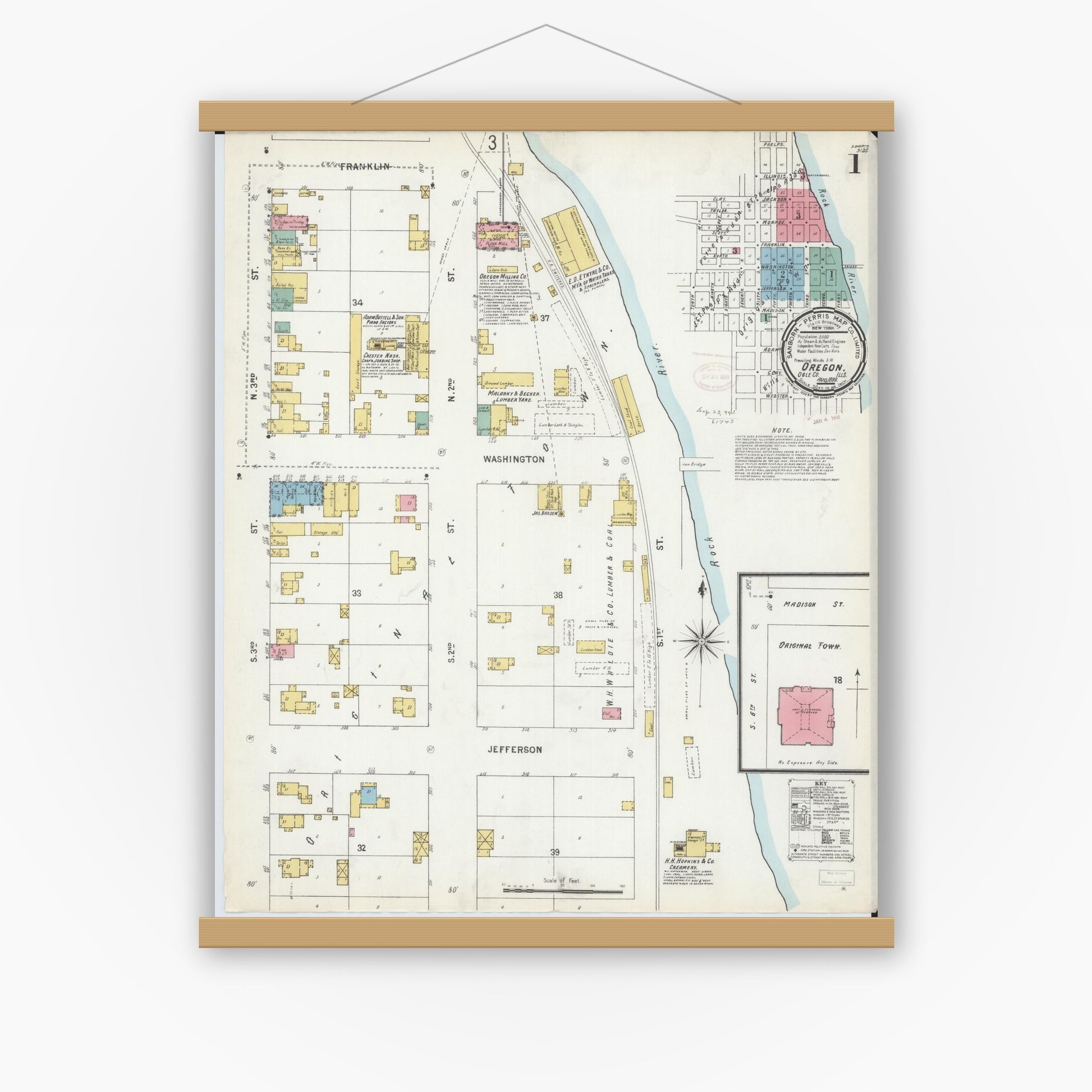 Old map wall art mockup — magnetic wood frame on white wall — Sanborn Fire Insurance Map from Oregon, Ogle County, Illinois (1899), Sheet #0001