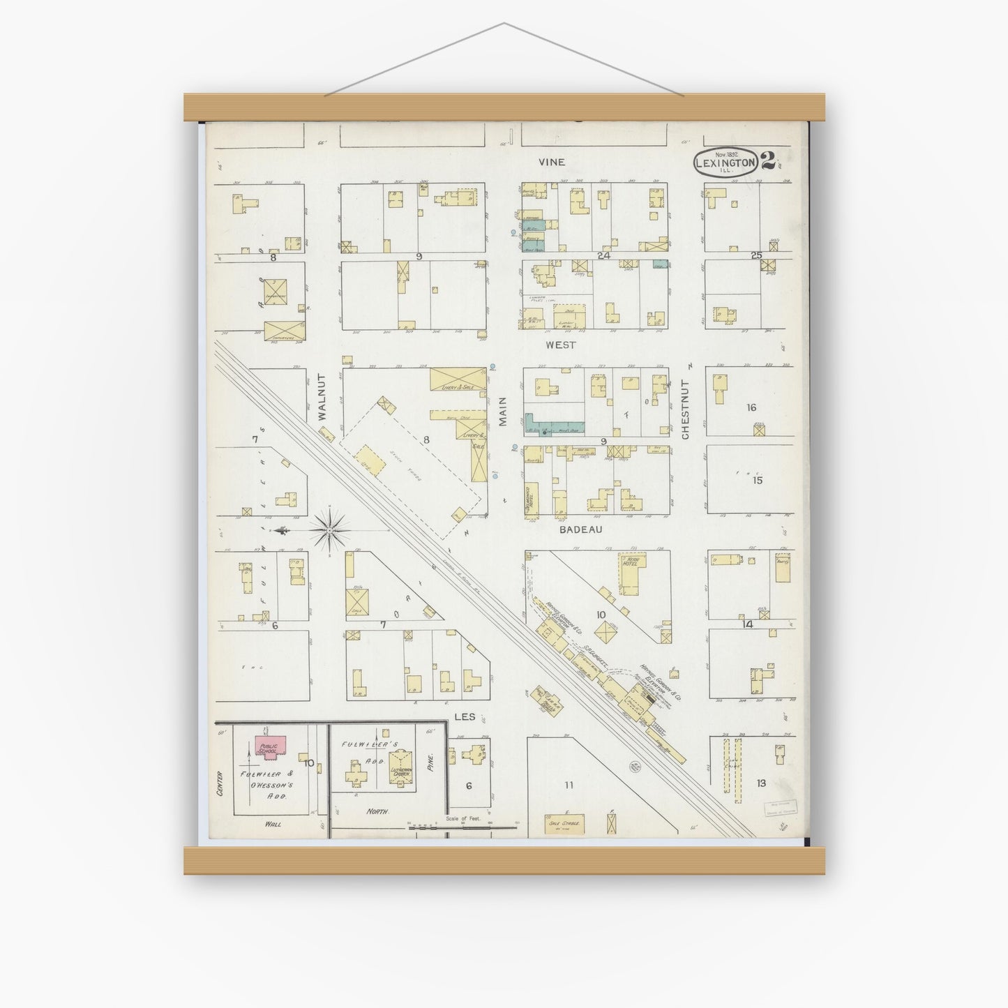Old map wall art mockup — magnetic wood frame on white wall — Sanborn Fire Insurance Map from Lexington, McLean County, Illinois (1892), Sheet #0002