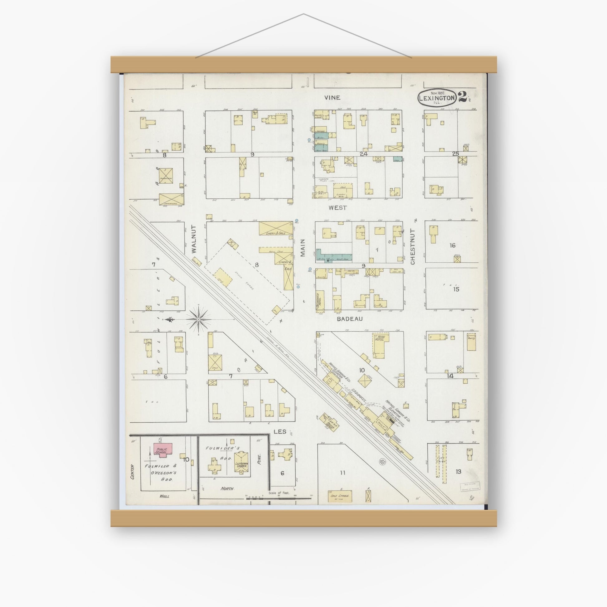 Old map wall art mockup — magnetic wood frame on white wall — Sanborn Fire Insurance Map from Lexington, McLean County, Illinois (1892), Sheet #0002