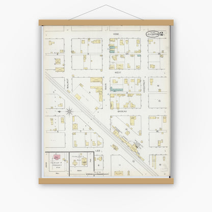 Old map wall art mockup — magnetic wood frame on white wall — Sanborn Fire Insurance Map from Lexington, McLean County, Illinois (1892), Sheet #0002