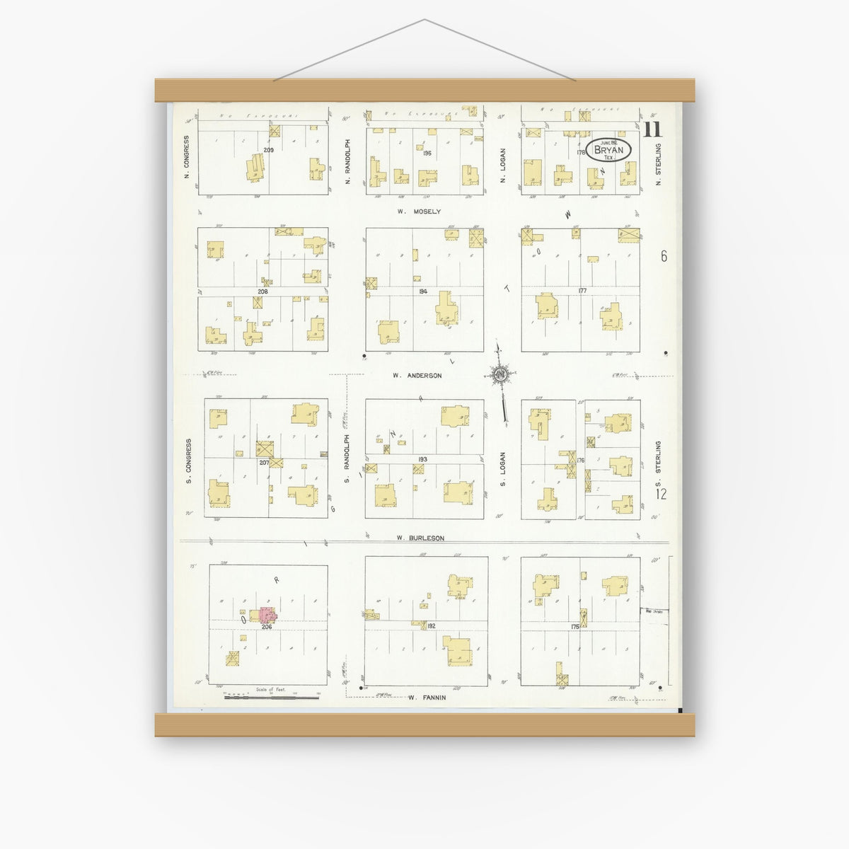 Old map wall art mockup — magnetic wood frame on white wall — Sanborn Fire Insurance Map from Bryan, Brazos County, Texas (1912), Sheet #0011