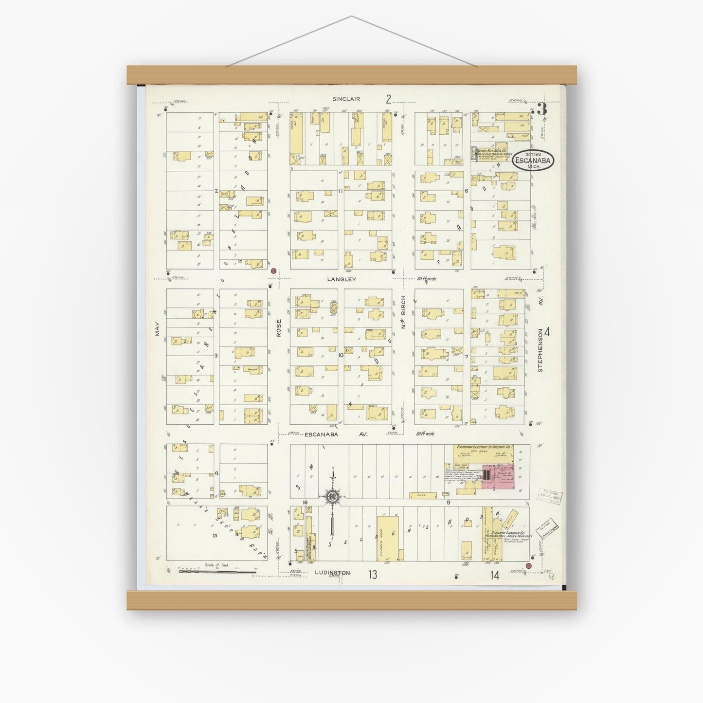 Old map wall art mockup — magnetic wood frame on white wall — Sanborn Fire Insurance Map from Escanaba, Delta County, Michigan (1913), Sheet #0003