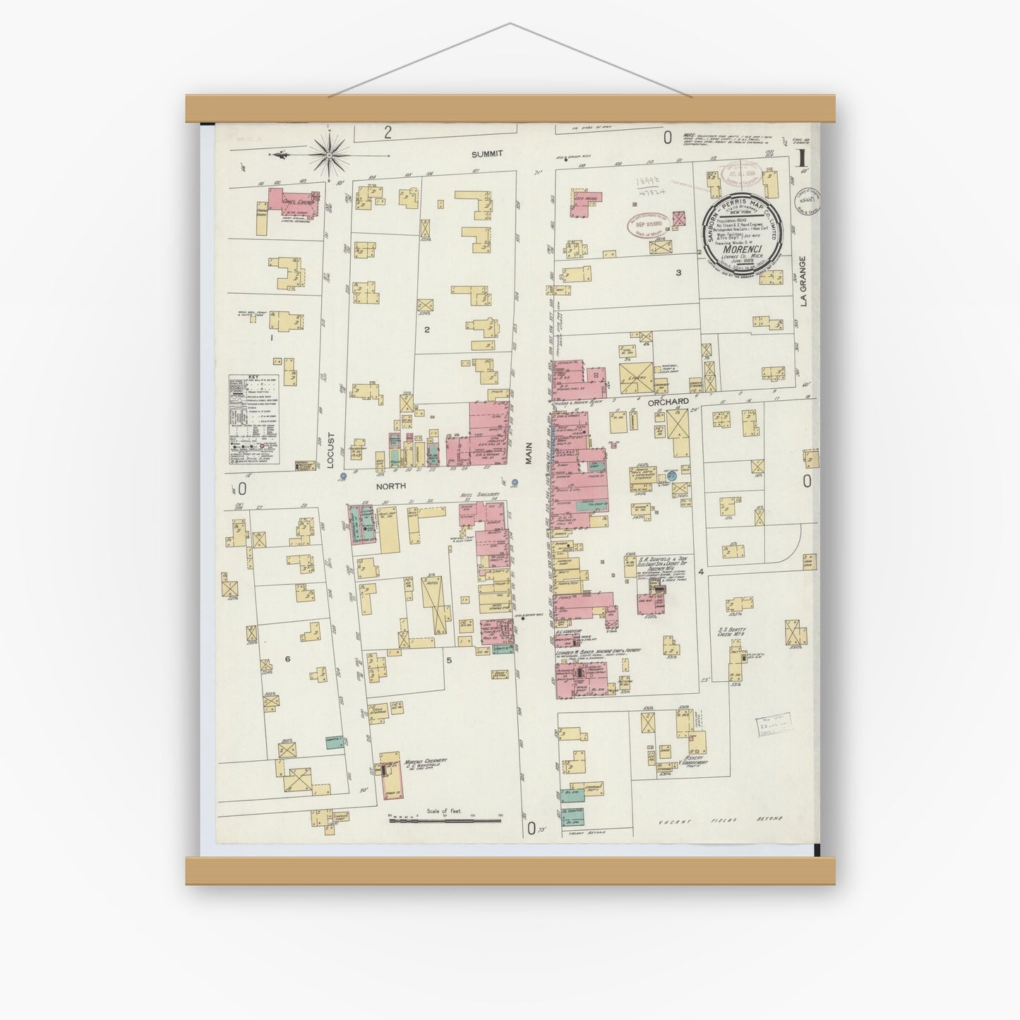 Old map wall art mockup — magnetic wood frame on white wall — Sanborn Fire Insurance Map from Morenci, Lenawee County, Michigan (1899) - Complete Map Set